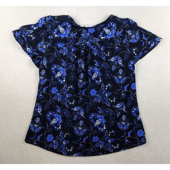 KIM ROGERS - WOMEN'S BLUE FLORAL PRINT SHORT SLEEVE STRETCH KNIT TOP - SIZE PM - Picture 7 of 7